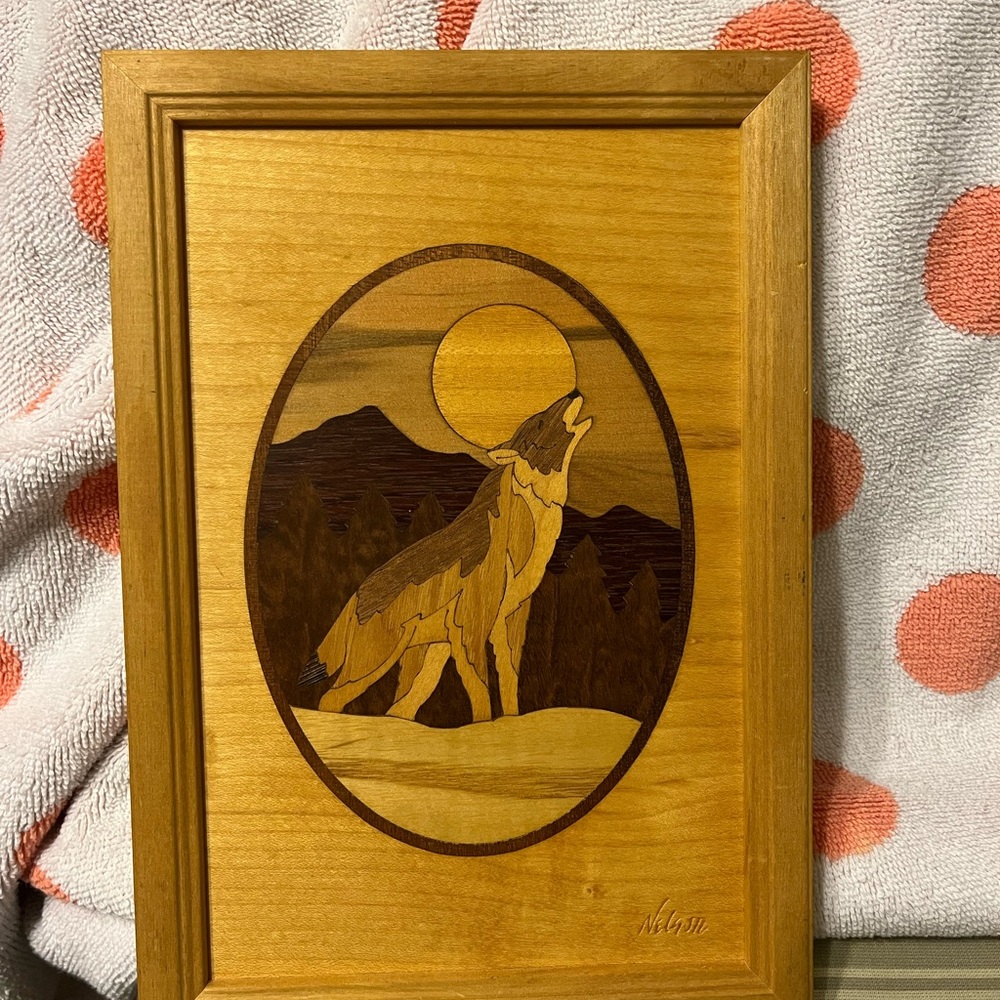 Vintage Hudson River inlay Wooden Wolf Art with Moon
